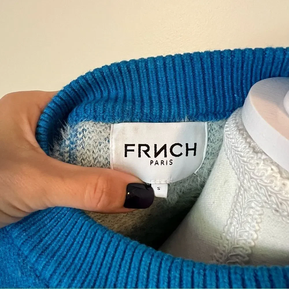FRNCH Lio Cozy Fuzzy Sweater Blue White Abstract Colorblock Size Small